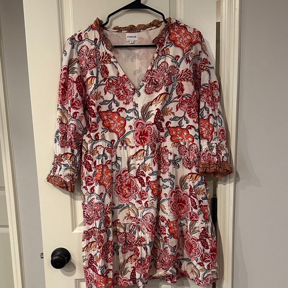 CHARLESTON SHOE CO. Charlee Cream Dress with Red & Orange Floral Print